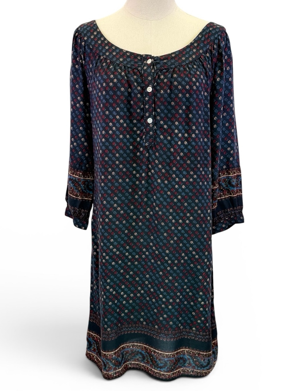 Lucky Brand Floral Dress Black 3/4 Sleeve V-Neck Knee Length Womens Size Small